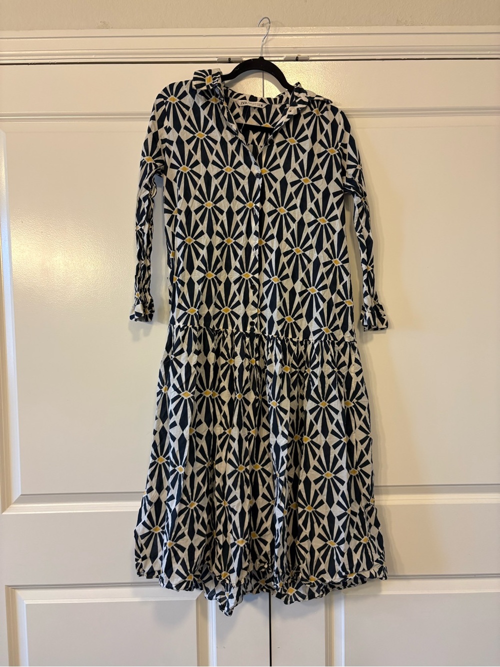 Zara Navy Blue and White Floral Print Blouse with Yellow Accent